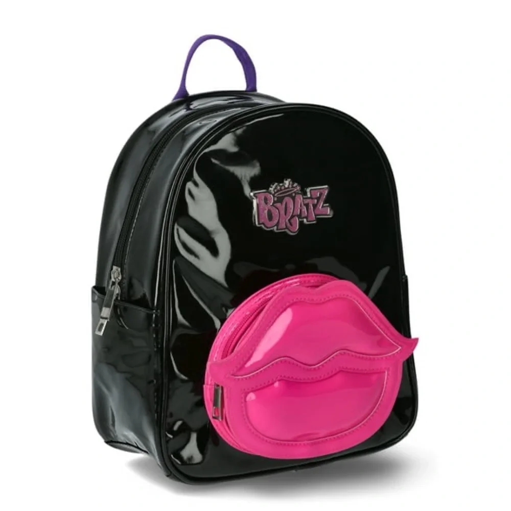 Bratz Mini Backpack Purse Black Patent Pink Lips Y2K Baddie Bratcore Goth Faux - Picture 9 of 9